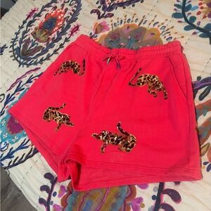 QUEEN OF SPARKLES Red Leopard Athletic Shorts
